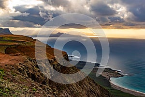 View at Atlantic ocean and La Graciosa island at sunset from El Mirador del Rio in Lanzarote, Canary Islands, Spain