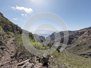 View on the Atlantic ocean and La Palma island from the Barranco Seco gorge, Tenerife, Canary islands, Spain