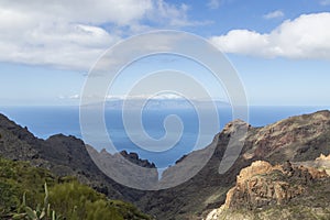 View on the Atlantic ocean and La Palma island from the Barranco Seco gorge, Tenerife, Canary islands, Spain