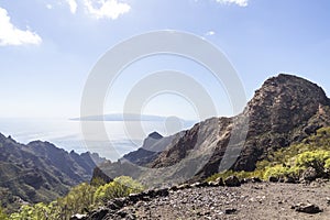 View on the Atlantic ocean and La Palma island from the Barranco Seco gorge, Tenerife, Canary islands, Spain