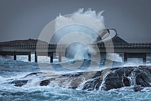 View of the Atlantic Road over the wavy ocean in Norway