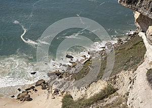 View of the Atlantic shoreline from top of O`Sitio, the hilltop above Nazare.            .