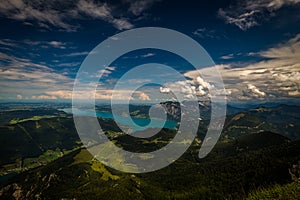 View on Attersee from top of Schafberg on a sunny day