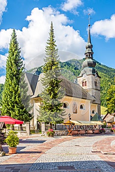 View atthe Church of Our Lady on the White Gravel in the streets of Kranjska Gora in Slovenia