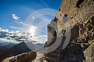 View of Aude Valley and Landscape from Queribus Cathar Castle on a Sunny Day in France