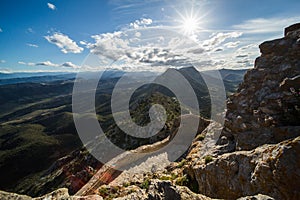 View of Aude Valley and Landscape from Queribus Cathar Castle on a Sunny Day in France