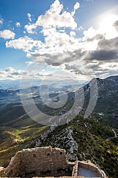 View of Aude Valley and Landscape from Queribus Cathar Castle Tower on a Sunny Day in France