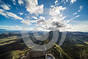 View of Aude Valley and Landscape from Queribus Cathar Castle Tower on a Sunny Day in France