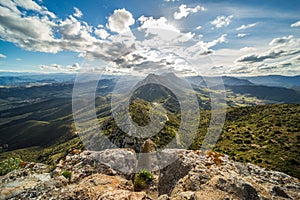 View of Aude Valley and Landscape from Queribus Cathar Castle Tower on a Sunny Day in France