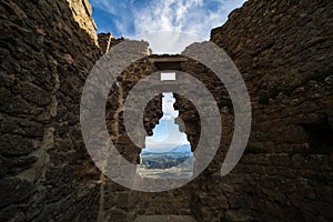 View of Aude Valley and Landscape from Queribus Cathar Castle Window Opening on a Sunny Day in France