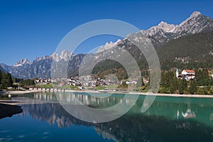 View of Auronzo di Cadore Italy the Lake Santa Caterina and Tre Cime Peaks Dolomites