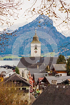 View of austrian alpine town St.Wolfgang on Wolfgangsee lake