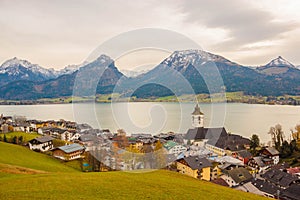 View of austrian alpine town St.Wolfgang on Wolfgangsee lake