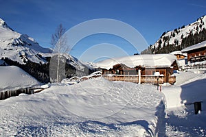 View of Austrian Ski Resort Lech am Arlberg and Stubenbach at the Alps Mountains in Winter