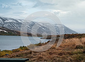 View during auto trip in Iceland. Spectacular Icelandic landscape with scenic nature: mountains, fjords, fields, clouds, glaciers