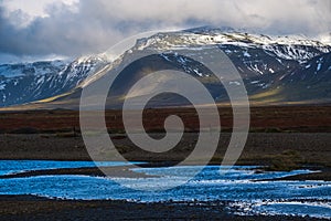 View during auto trip in West Iceland highlands, Snaefellsnes peninsula, Snaefellsjokull National Park. Spectacular volcanic