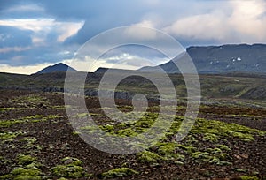 View during auto trip in West Iceland highlands, Snaefellsnes peninsula, Snaefellsjokull National Park. Spectacular volcanic