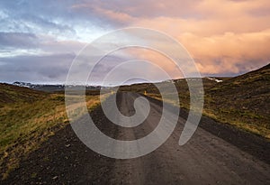 View during auto trip in West Iceland highlands, Snaefellsnes peninsula, Snaefellsjokull National Park. Spectacular volcanic