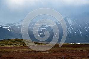 View during auto trip in West Iceland highlands, Snaefellsnes peninsula, Snaefellsjokull National Park. Spectacular volcanic