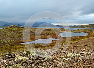 View during auto trip in West Iceland highlands, Snaefellsnes peninsula, Snaefellsjokull National Park. Spectacular volcanic