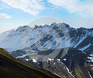 View during auto trip in West Iceland highlands, Snaefellsnes peninsula, Snaefellsjokull National Park. Spectacular volcanic