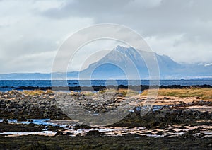 View during auto trip in West Iceland highlands, Snaefellsnes peninsula, Snaefellsjokull National Park. Spectacular volcanic