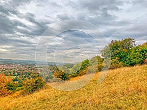 View of autumn countryside and cloudy skies