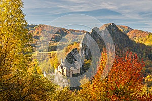 View of autumn landscape with The Lednica medieval castle