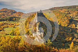 View of autumn landscape with The Lednica medieval castle