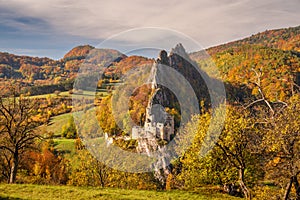 View of autumn landscape with The Lednica medieval castle