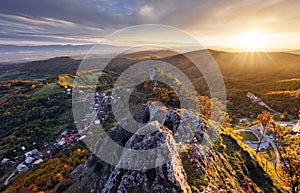 View of autumn landscape with rocky mountains in the background. The Vrsatec National Nature Reserve in the White Carpathian