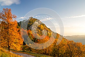 View of autumn landscape with The ruin of Vrsatec castle