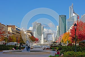 View on Highrise towers of La Defense busines district from Neuilly-sur-Seine, paris, france