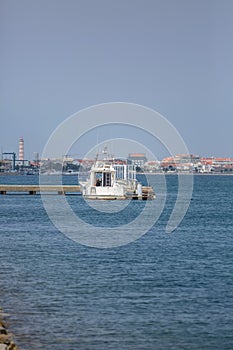 View of Aveiro river and marina with single private recreational jet boat