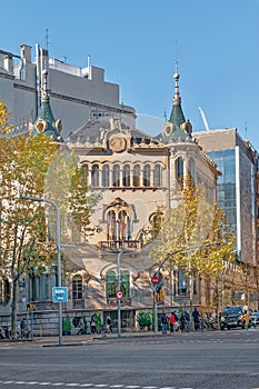 View from Avinguda Diagonal to the building of the Circulo Ecuestre in Barcelona