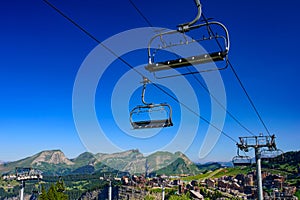 View of Avoriaz in summer with gondola lift, a mountain resort in Portes du Soleil, France
