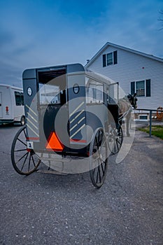 View of the back of Amish buggy with a horse parked in a farm