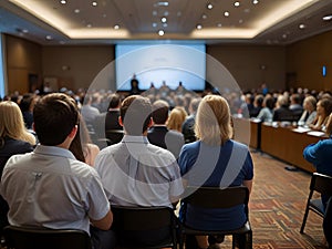 view from back audience listening speaking speech in conference hall or seminar room with blue light people background