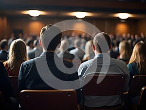 view from back audience listening speaking speech in conference hall or seminar room with blue light people background