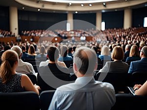 view from back audience listening speaking speech in conference hall or seminar room with blue light people background