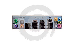 View from the back of a desktop computer with a visible connection panel, audio, LAN, mouse, keyboard, USB.