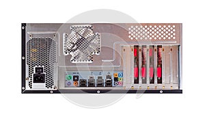 View from the back of a desktop computer with a visible connection panel, audio, LAN, mouse, keyboard, USB.