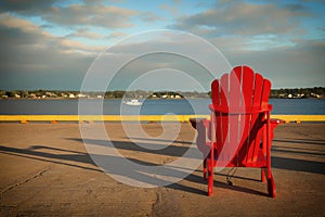 View of the back of a red adirondack chair and the ocean in front on Gulf of the St-Lawrence