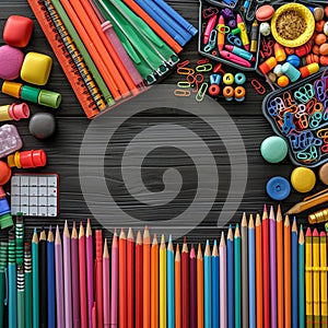 view Back to school supplies background education essentials in array