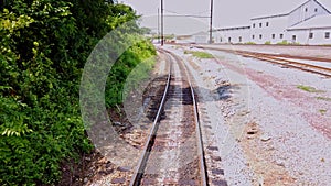 View From the Back of a Train as it Travels along Multiple Tracks