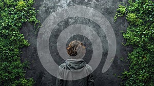 View from the back, a young man looks at a concrete wall covered with ivy.