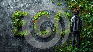 View from the back, a young man looks at a concrete wall covered with ivy.