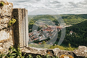 View of Bad Urach in Germany from the old castle ruin Hohenurach