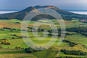 View Badacsony from Csobanc in Balaton Highlands. Badacsony Hill with the Lake Balaton in the sunset time, Hungary