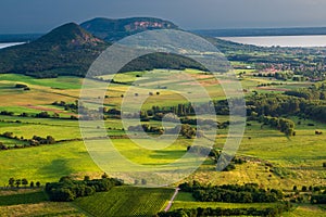 View Badacsony from Csobanc in Balaton Highlands. Badacsony Hill with the Lake Balaton in the sunset time, Hungary